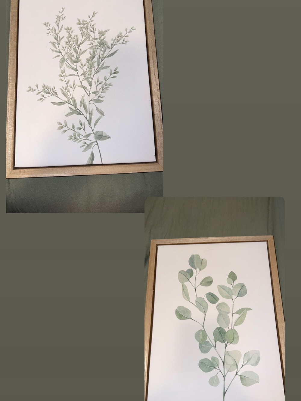 Two Framed Green Botanical Print in Natural Wood Frame -